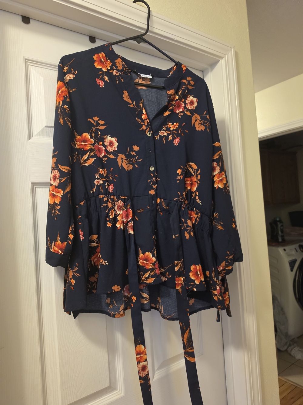 Sweet Rain Navy Floral Peplum Button-Front Blouse with Orange Flowers